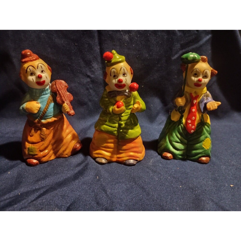 3 Vintage Clown Porcelain Bell Jeffrey Snyder New York JSNY 4 1/2"T Like New